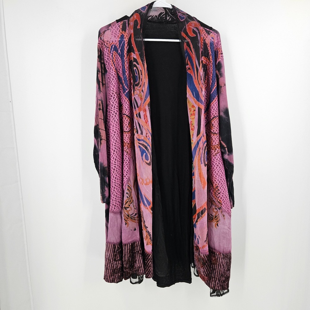 The Pyramid Collection Mixed Media Tie Dye Longline Cardigan Pink Black Size 1X